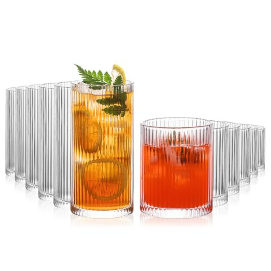 12Piece Ribbed Glassware Set w - Highball Glass Set 评论和价格
