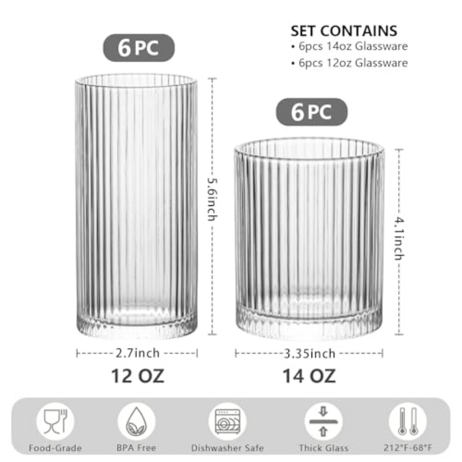 12Piece Ribbed Glassware Set w - Highball Glass Set 评论和价格