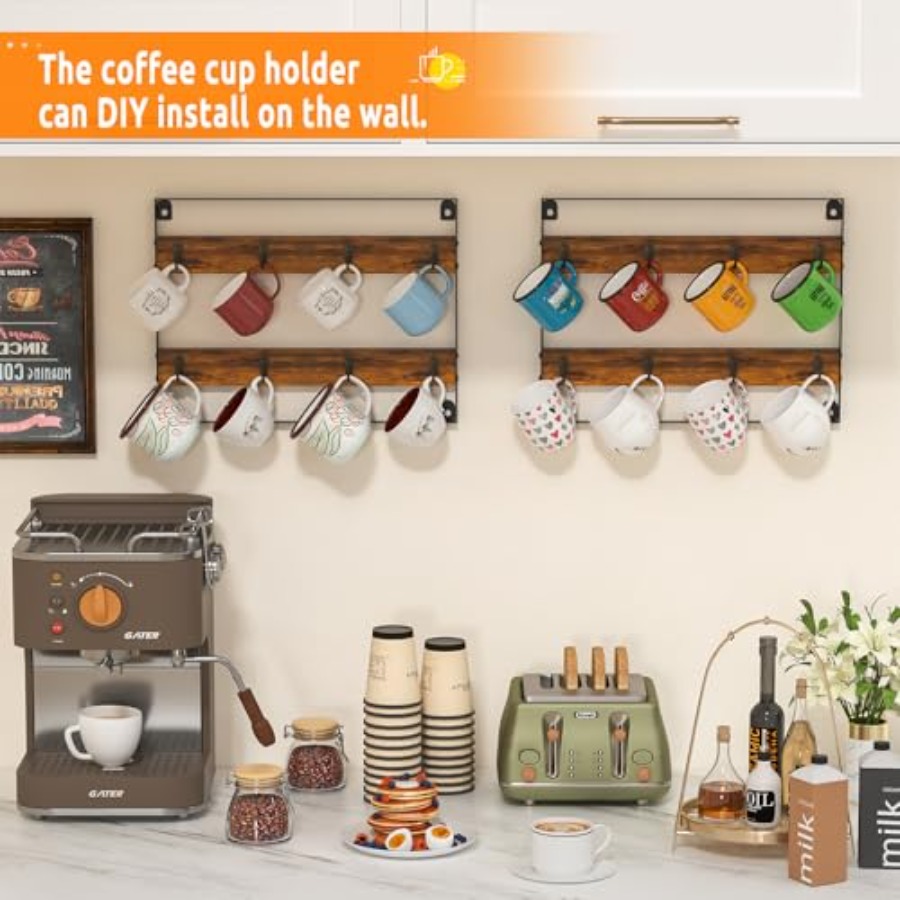 Rustic Wood Coffee Mug Rack -  - Home Bar Shelves 评论和价格